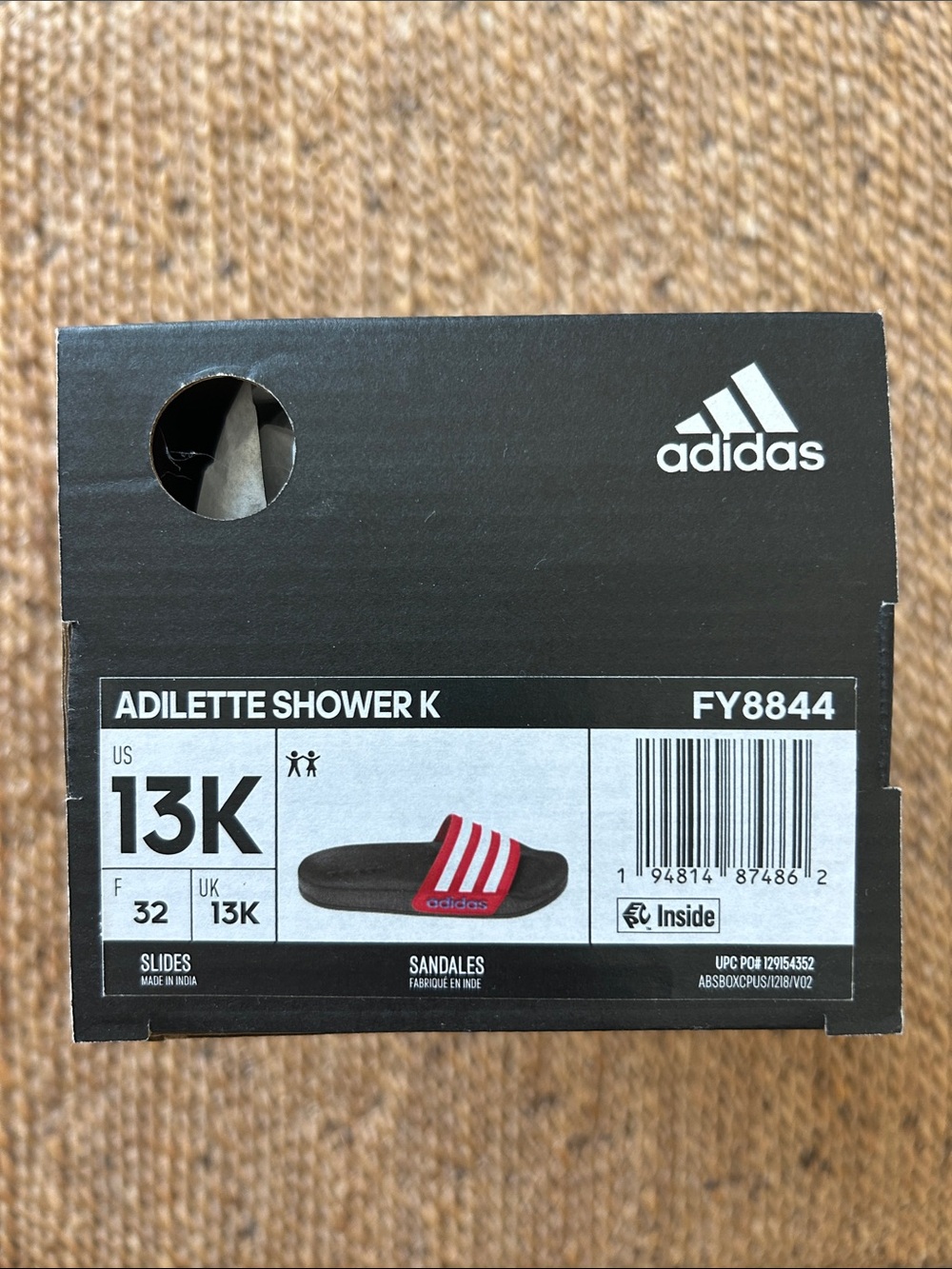 adidas Kids Adilette Shower Slide in Black, Red and White
